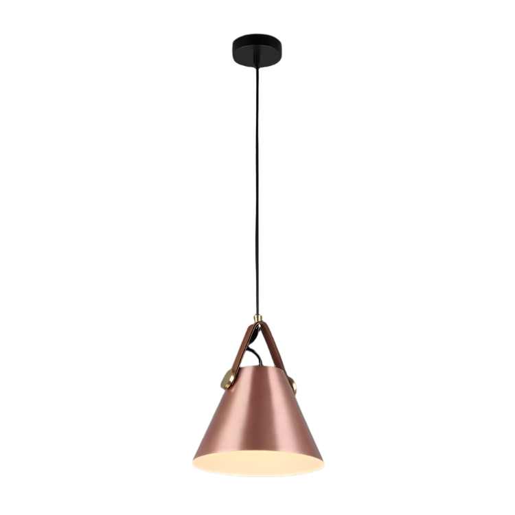 Copper Pendant Light Aisha - Leather & Iron Cone Design