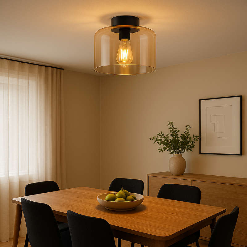 Amber Glass Matt Black Ceiling Light