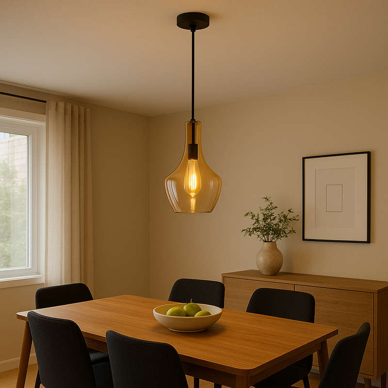 Amber Glass Pendant Light Black Finish