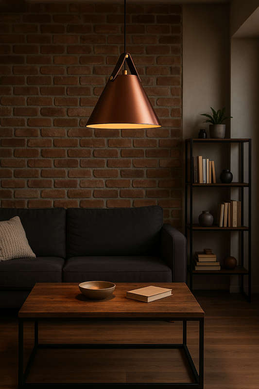 Large Copper Leather & Iron Pendant Light