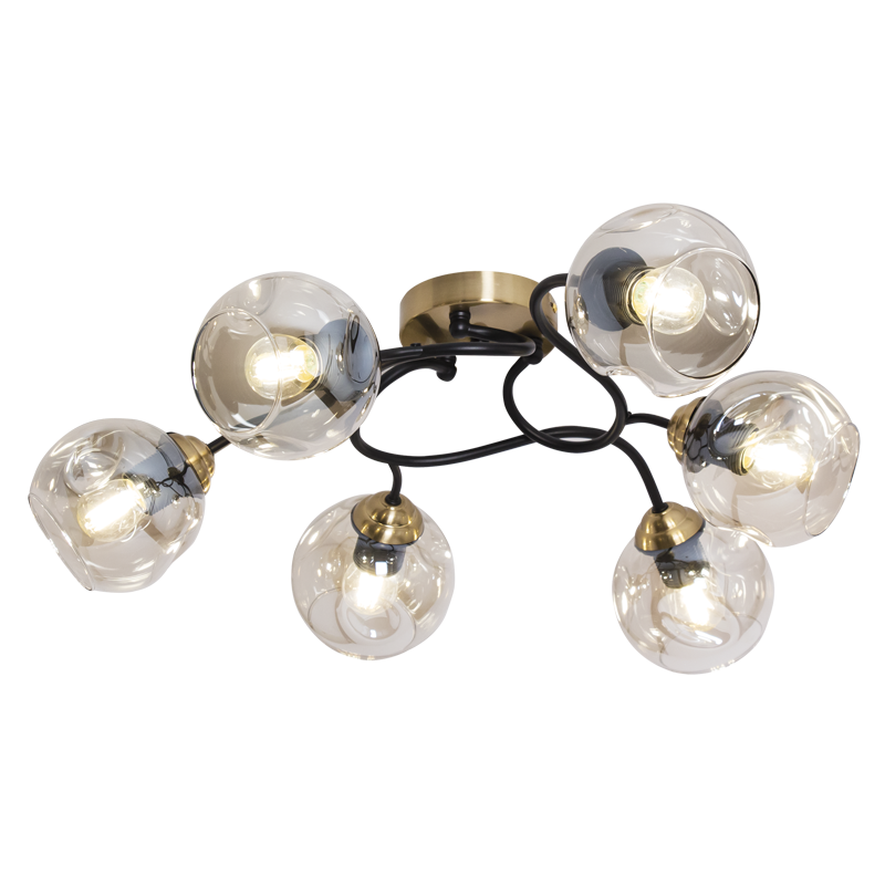 6 Light Antique Brass and Cognac Glass Ceiling Light