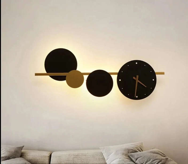 Black & Gold Wall Light with Clock