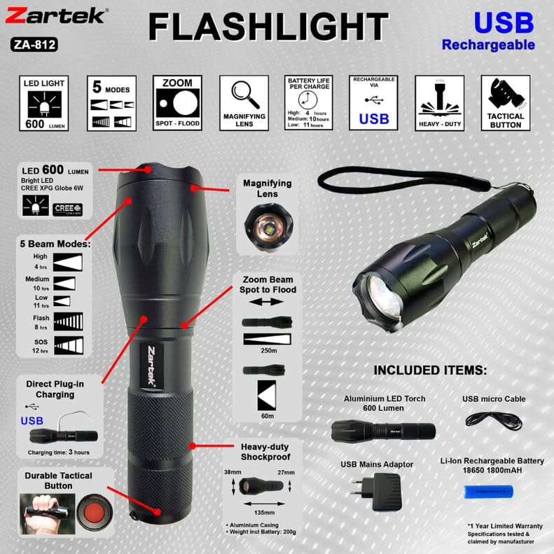 LED Tactical Flashlight 600 Lumens