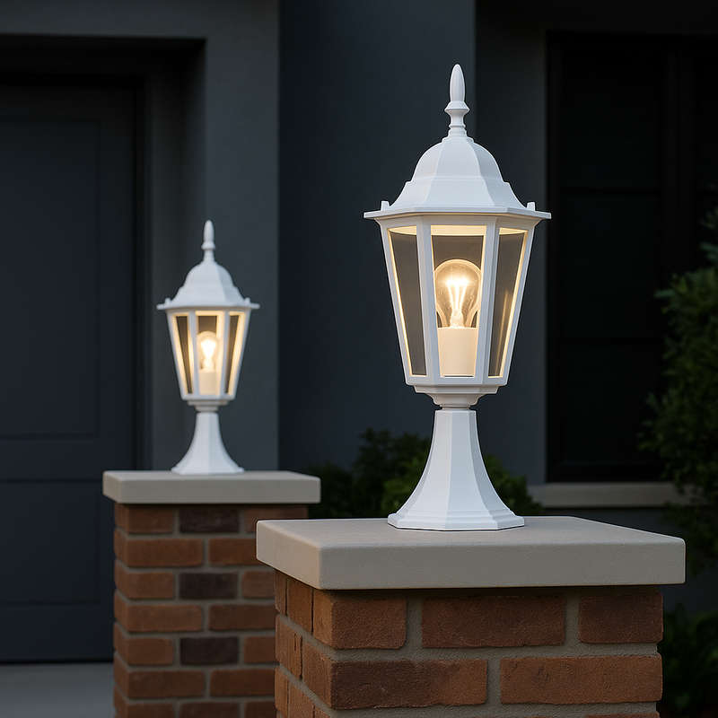 White Outdoor Pillar Lantern - IP44 6-Panel