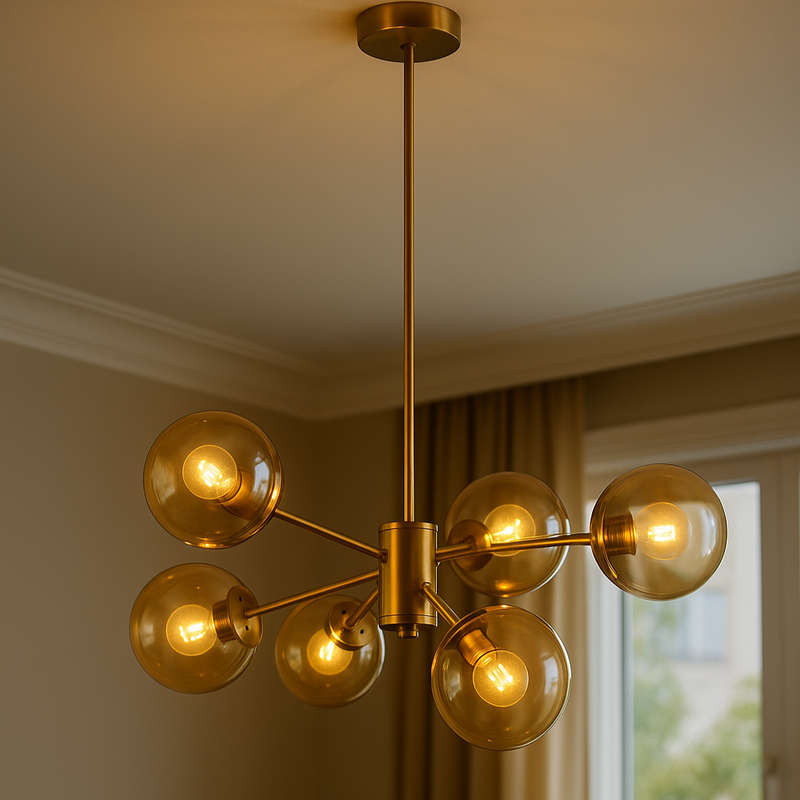 Gold and Amber Glass 6 Light Pendant