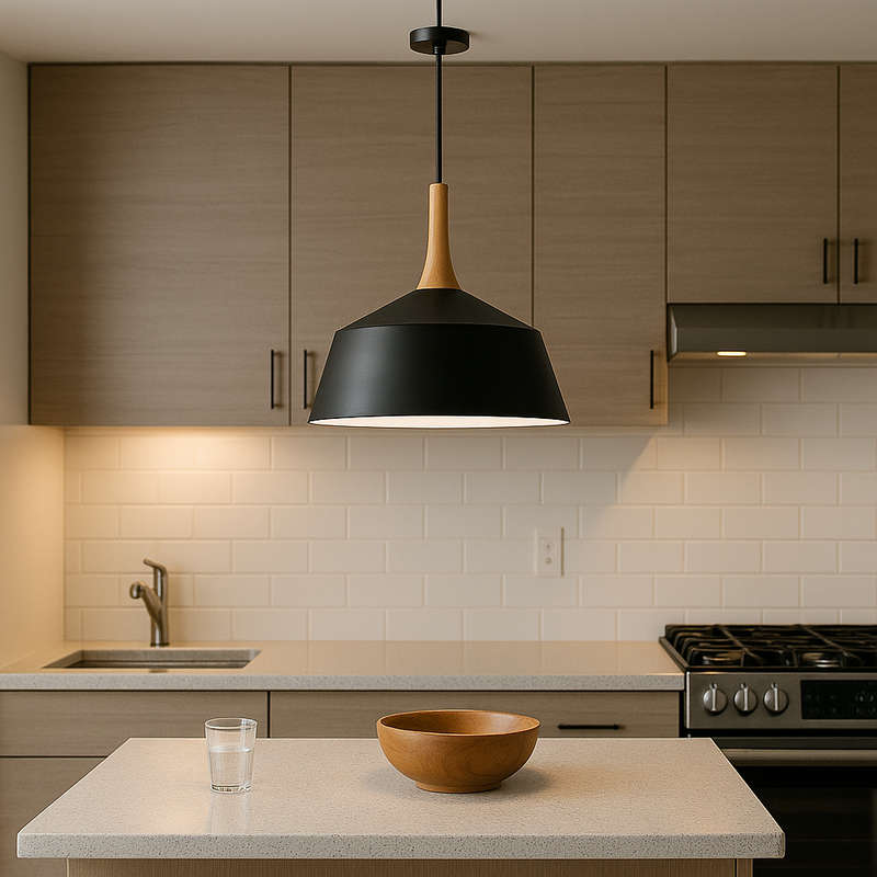 Medium Black and Wood Pendant Light Modern IP20