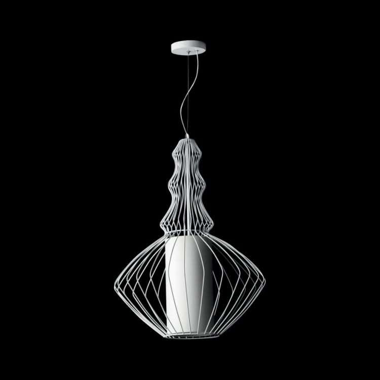 White Wide Wire Metal Pendant Light - Fabric Shade