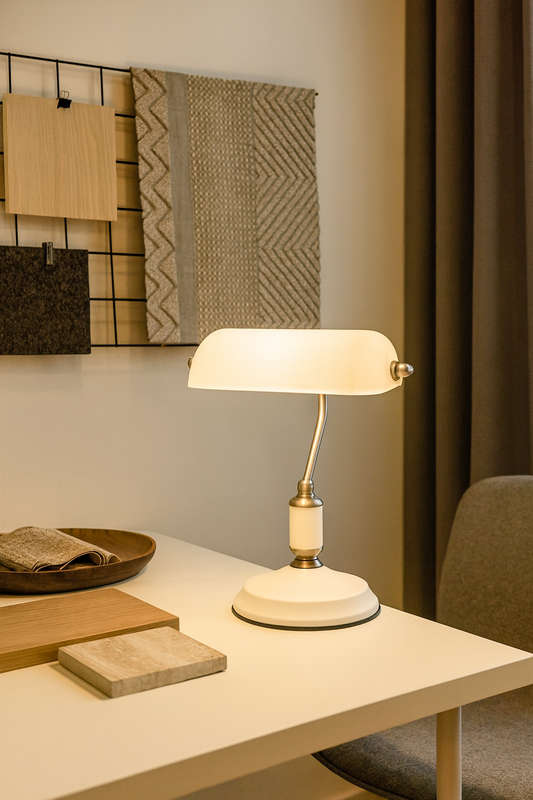 Bankers Table Lamp White & Satin Nickel