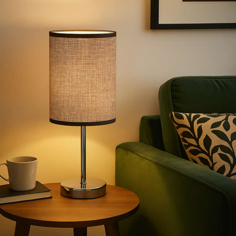 Polished Chrome Table Lamp with Dark Brown Fabric Shade
