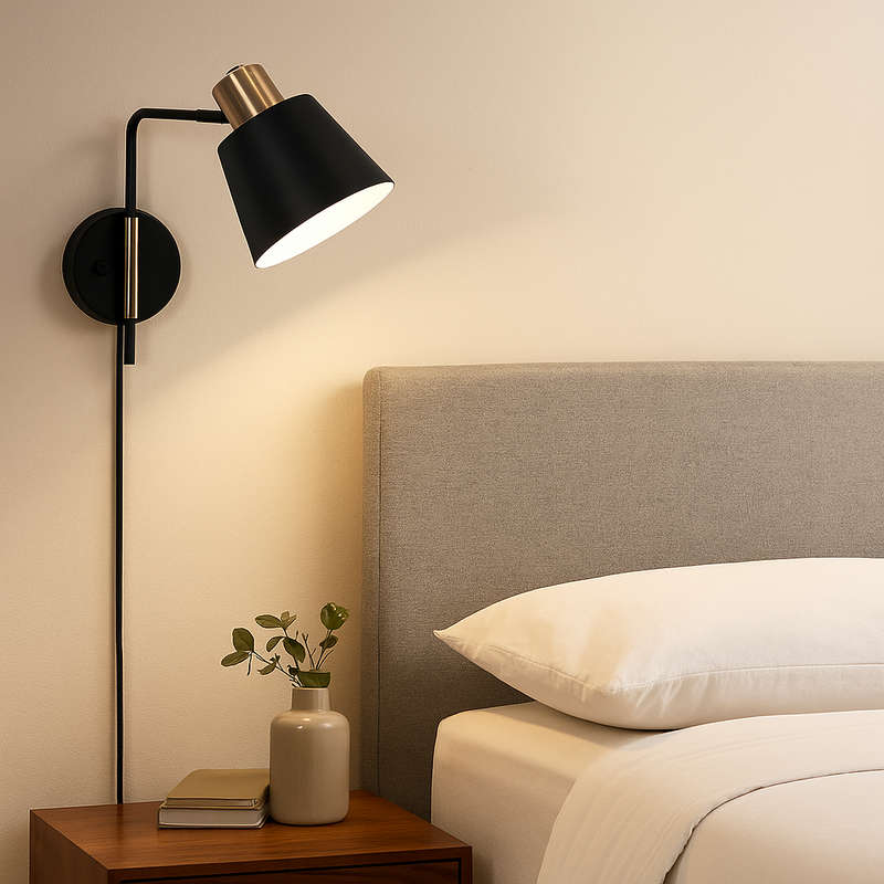 Plug In Matt Black & Brass Wall Light - Moveable Arm, Swivel Head