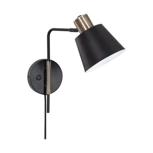 Plug In Matt Black & Brass Wall Light - Moveable Arm, Swivel Head