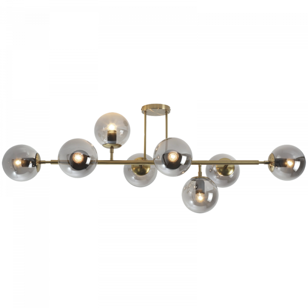 8 Light Satin Gold Metal Ceiling Light with Smoke Colour Glass
