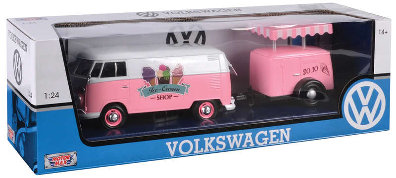 VW Type 2 (T1) Delivery Van w Fridge Trailer Pink (scale 1:24)