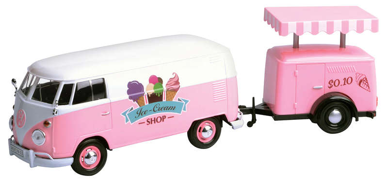 VW Type 2 (T1) Delivery Van w Fridge Trailer Pink (scale 1:24)