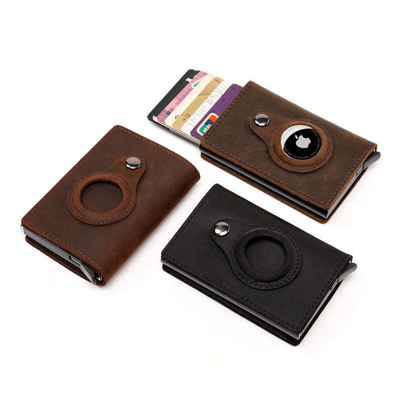 Air-Tag compatible genuine leather slim wallet with RFID blocking Card holder [ Brown ]