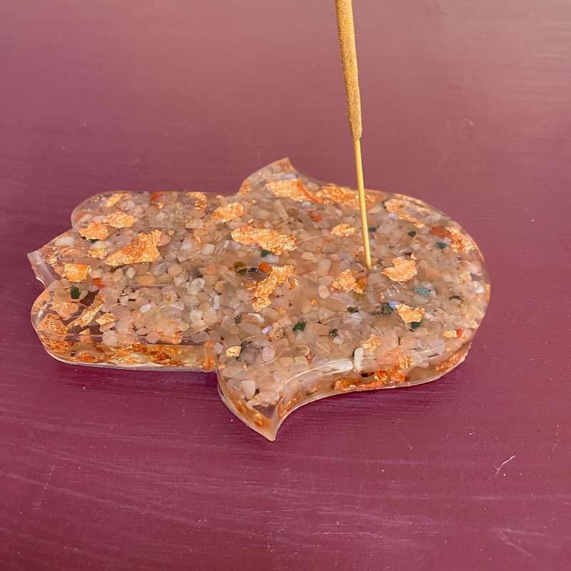 Sunstone & Copper Leaf Hamsa Hand Incense Holder - 12cm
