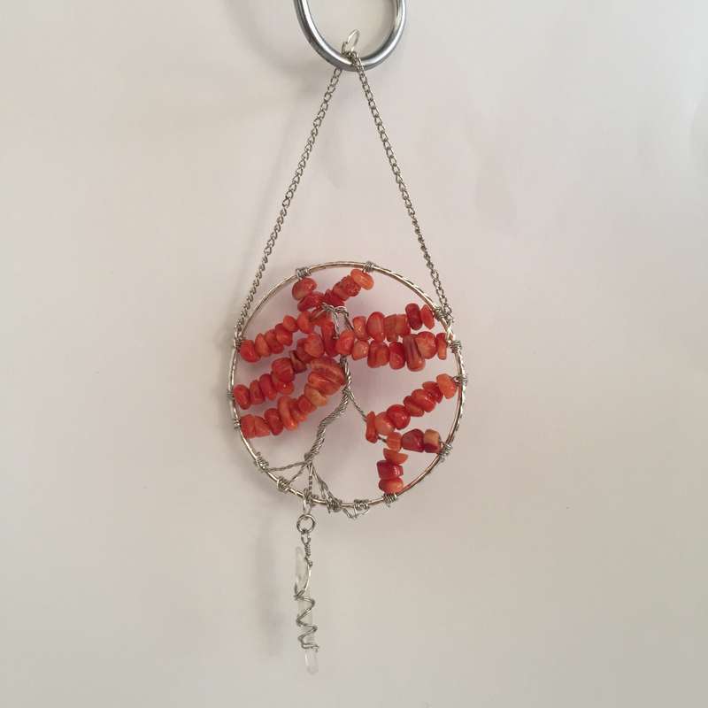 Red Coral Silver Suncatcher with Crystal Point