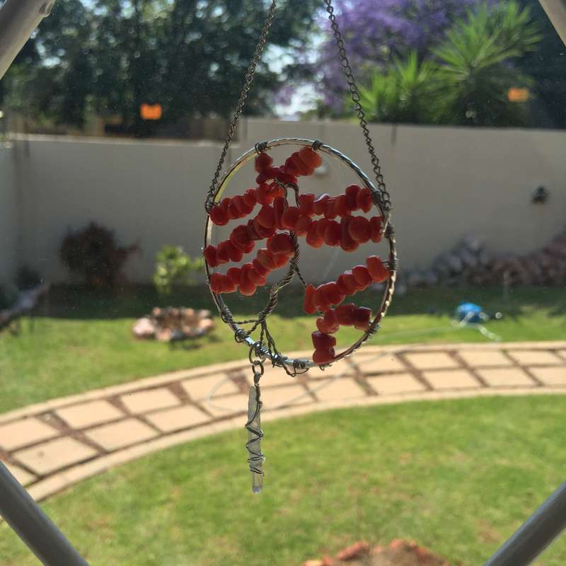 Red Coral Silver Suncatcher with Crystal Point
