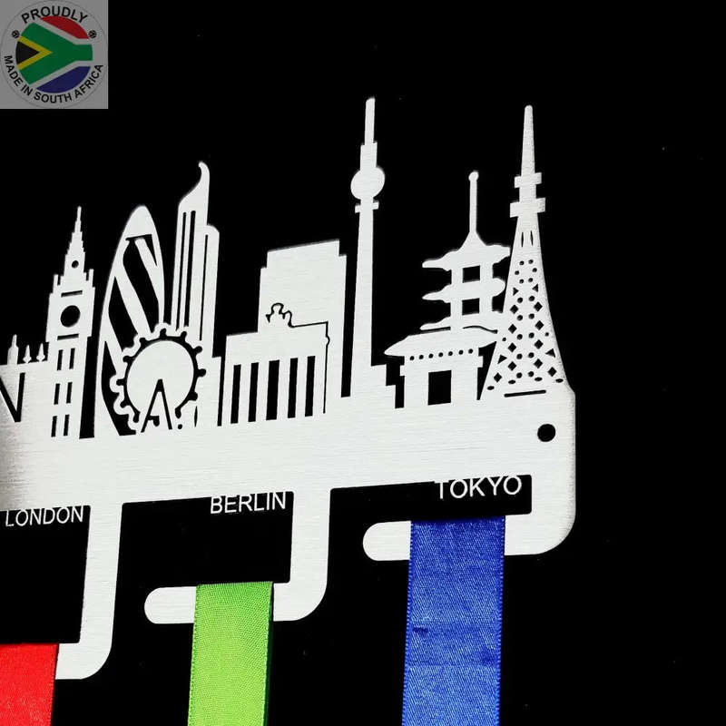 World Marathon Majors City Skyline Medal Hanger Stainless Steel Brush Finish