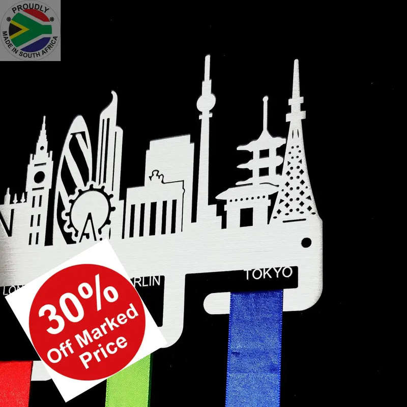 World Marathon Majors City Skyline Medal Hanger Stainless Steel Brush Finish