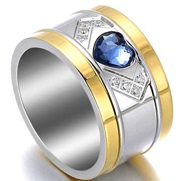 7mm Blue Heart Multifaceted Crystal 13mm Wide Golden Stainless Steel ring Size 9