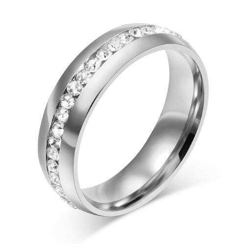 White Crystal Wedding Band 6mm Stainless Steel Ring - Size 11 | V-W