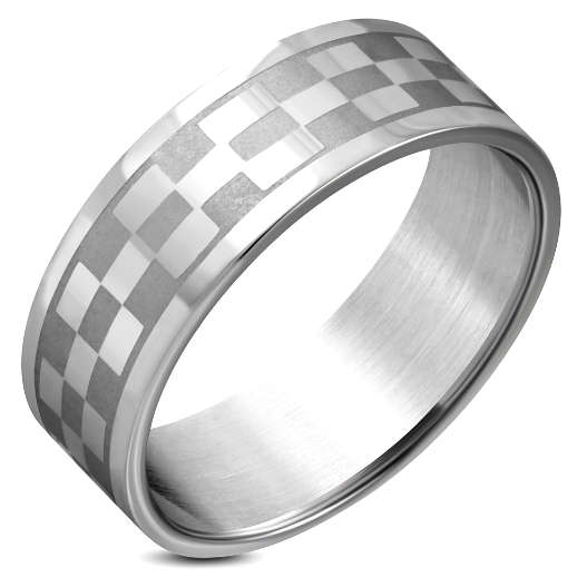 Mens Checkerboard Stainless Steel Band. Size 10.5 | U 1/2
