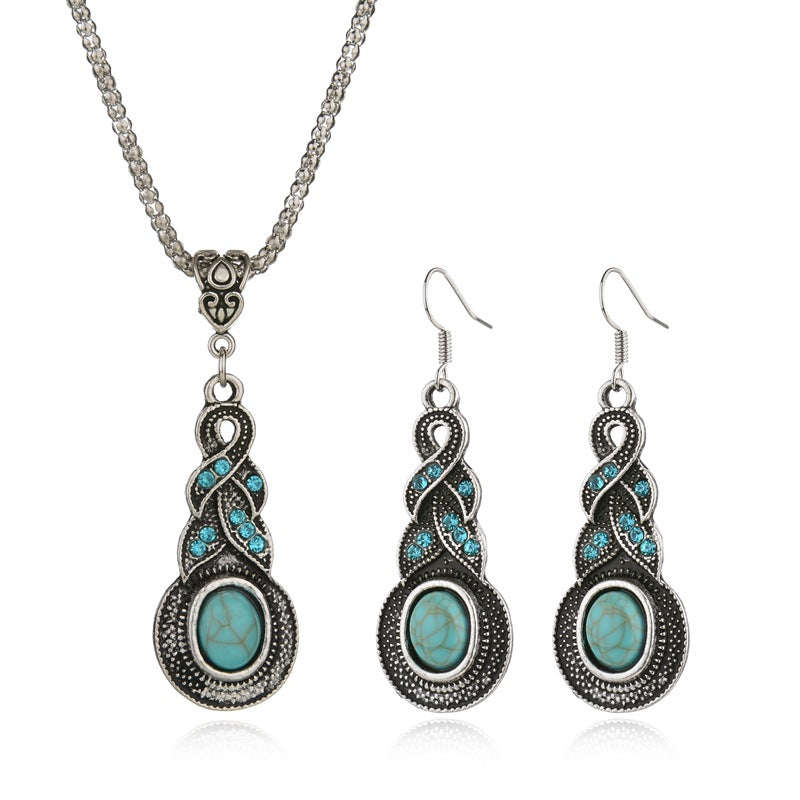 Tibetan Silver CZ Crystal Chain Pendant Necklace Earrings Set