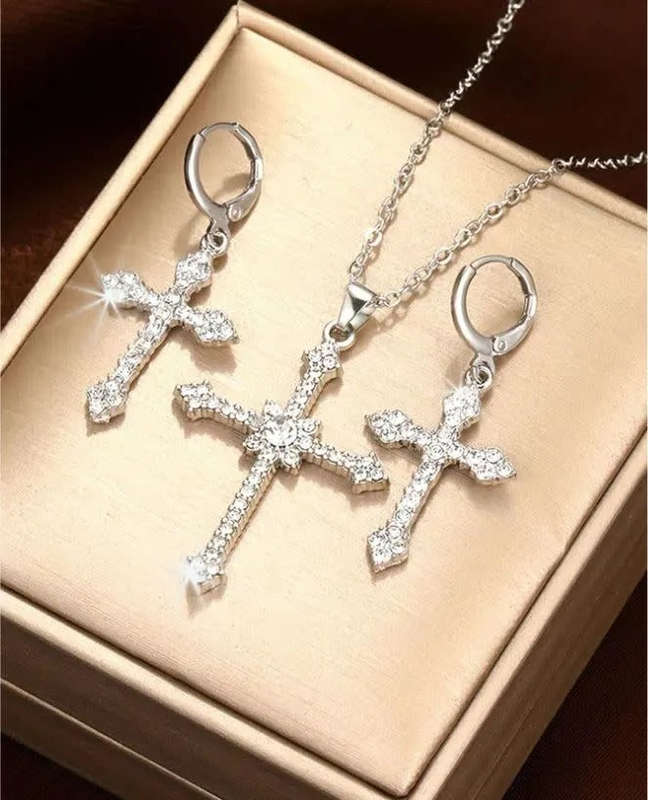 STUNNING 3 Piece Cross Shaped Earrings And Necklace Set