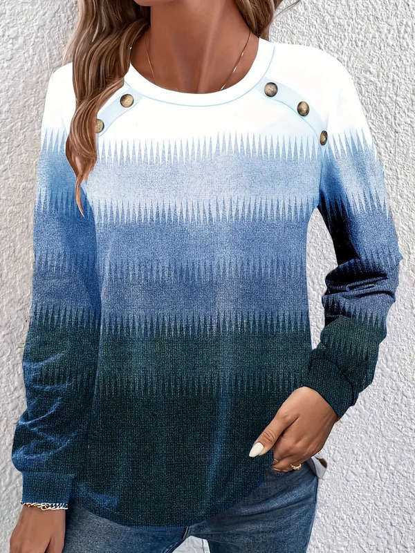 Ombre Casual Long Sleeve Button Decor Top (Size Large)