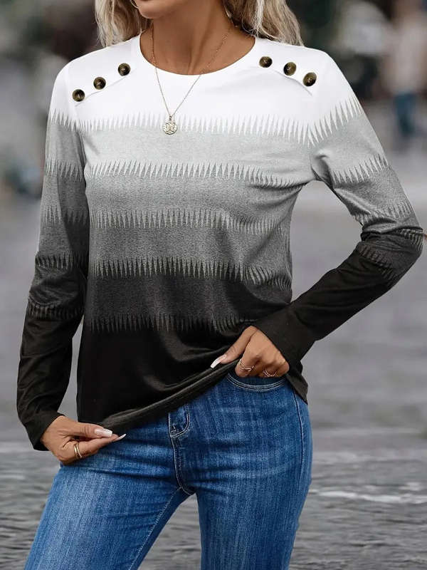Ombre Casual Long Sleeve Button Decor Top (Size Large)