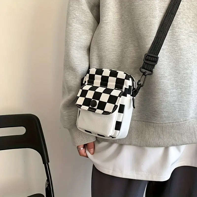 Checkered Canvas Crossbody Bag Square Wallet In Front