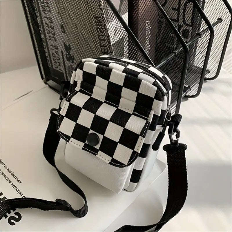 Checkered Canvas Crossbody Bag Square Wallet In Front