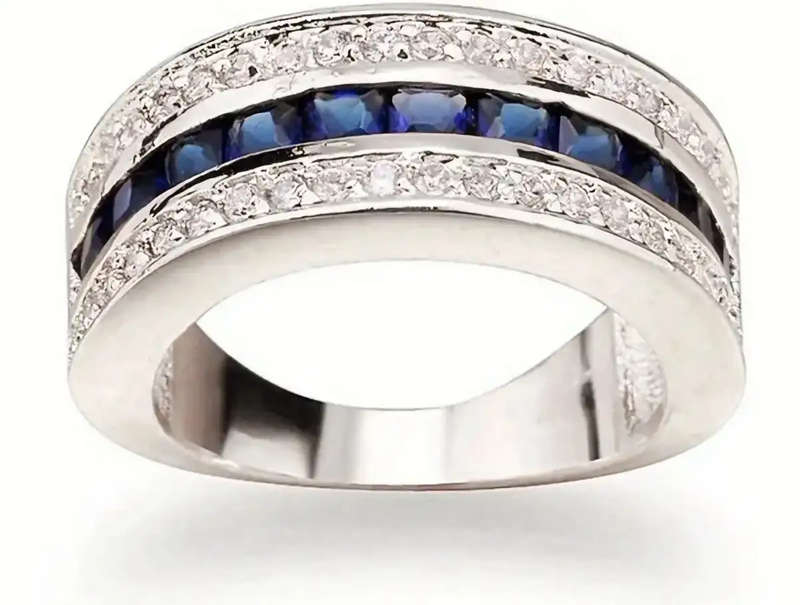 10K White Gold Princess-Cut Blue Sapphire Gemstone Ring - Size 6 (M)