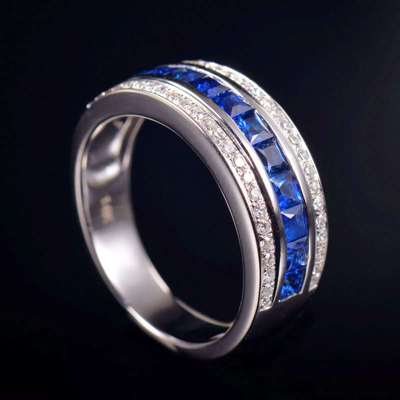 10K White Gold Princess-Cut Blue Sapphire Gemstone Ring - Size 6 (M)