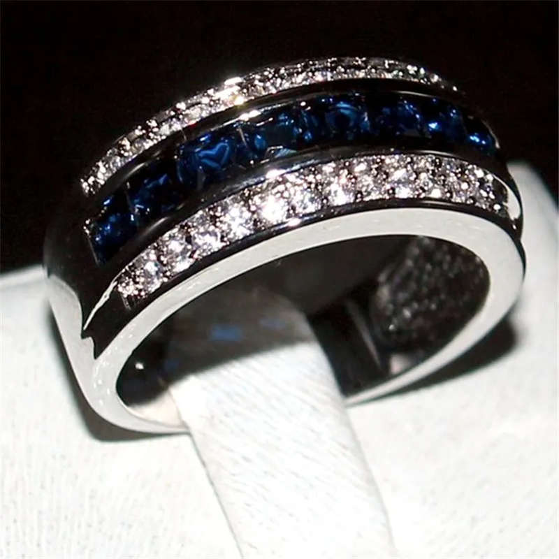 10K White Gold Princess-Cut Blue Sapphire Gemstone Ring - Size 6 (M)