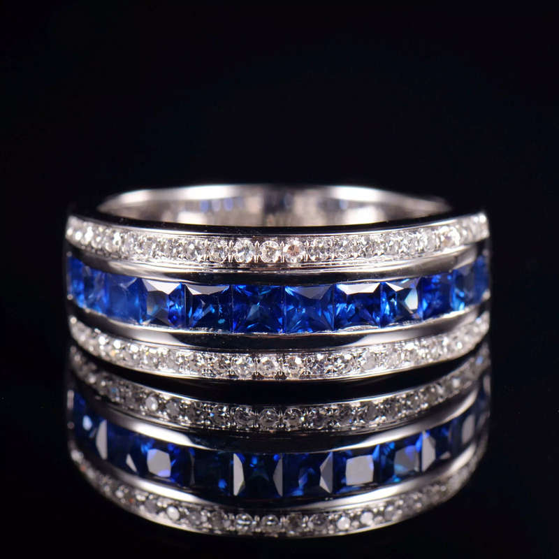 10K White Gold Princess-Cut Blue Sapphire Gemstone Ring - Size 6 (M)