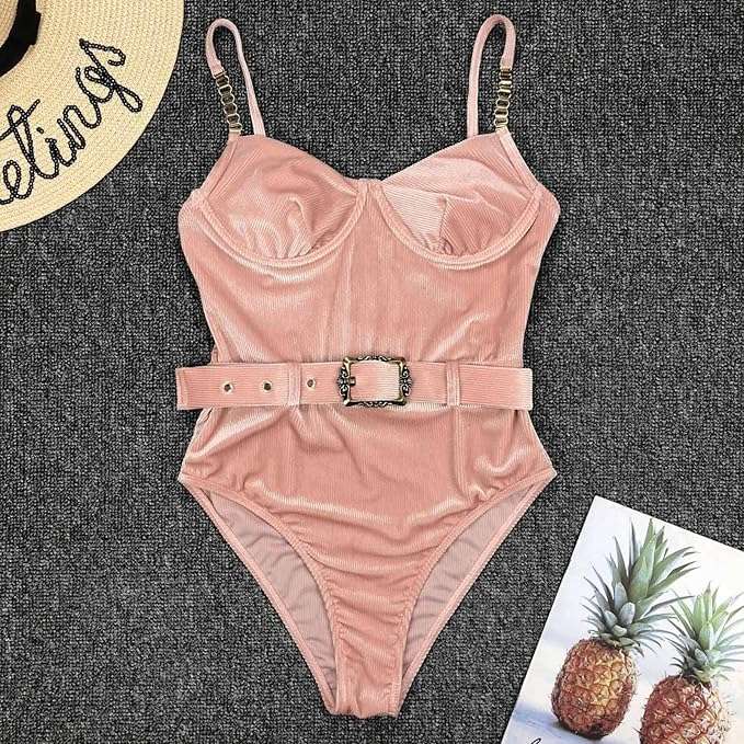 Ladies 1 Piece Velvet Ribbed Swimsuit Small