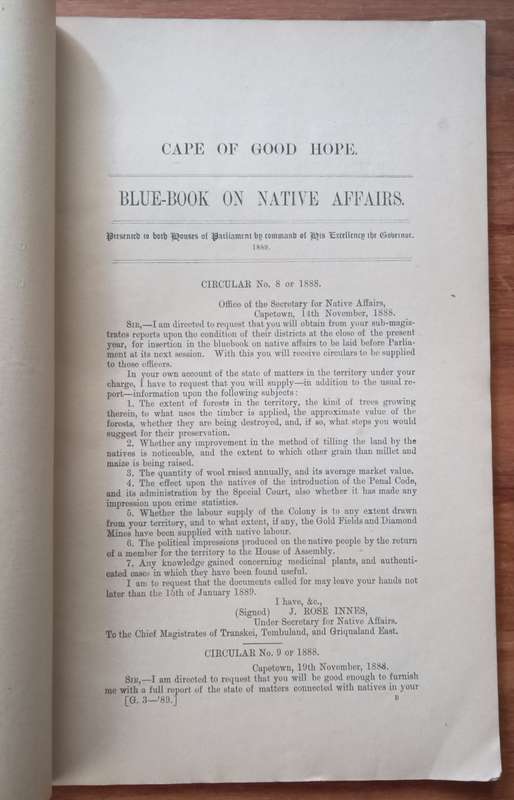 Cape of Good Hope Blue Book on Native Affairs 1889