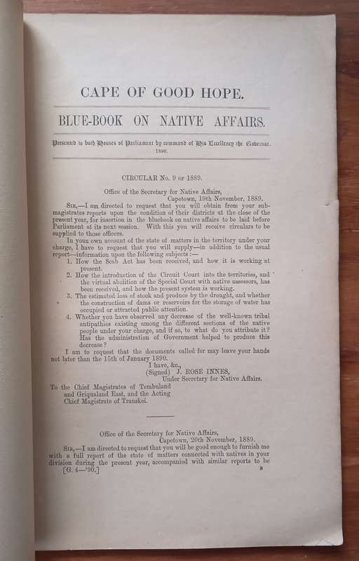 Cape of Good Hope Blue Book on Native Affairs 1890