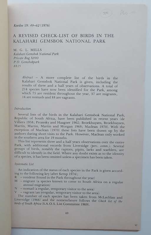 A Revised Checklist of Birds in the Kalahari Gemsbok National Park (Reprint) | M. G. L. Mills
