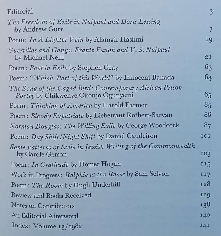 Ariel (Vol. 13, No. 4, October 1982, Literature of Exile Issue)