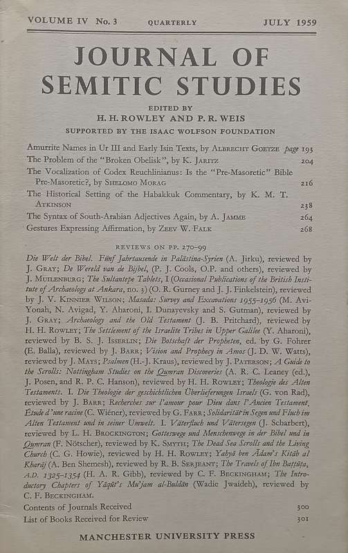Journal of Semitic Studies (Vol. 4, No. 3, July 1959)