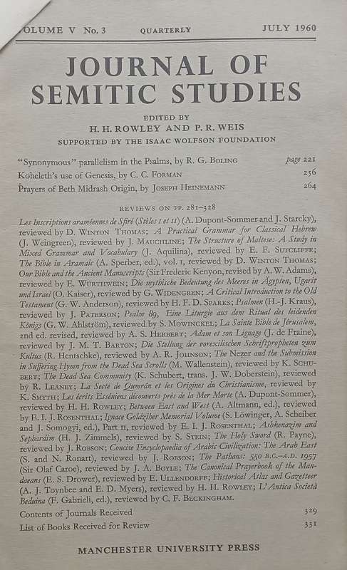 Journal of Semitic Studies (Vol. 5, No. 3, July 1960)