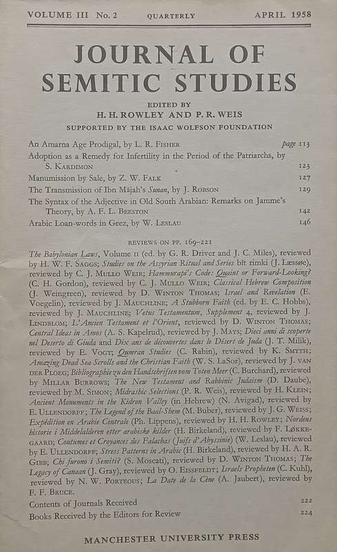 Journal of Semitic Studies (Vol. 3, No. 2, April 1958)