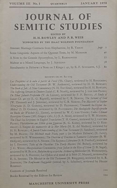 Journal of Semitic Studies (Vol. 3 No. 1, January 1958)