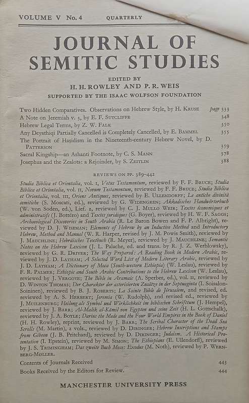 Journal of Semitic Studies (Vol. 5, No. 4, October 1960)