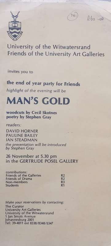 Mans Gold: Woodcuts by Cecil Skotnes & Poetry by Stephen Gray (Invitation to the Exhibition)