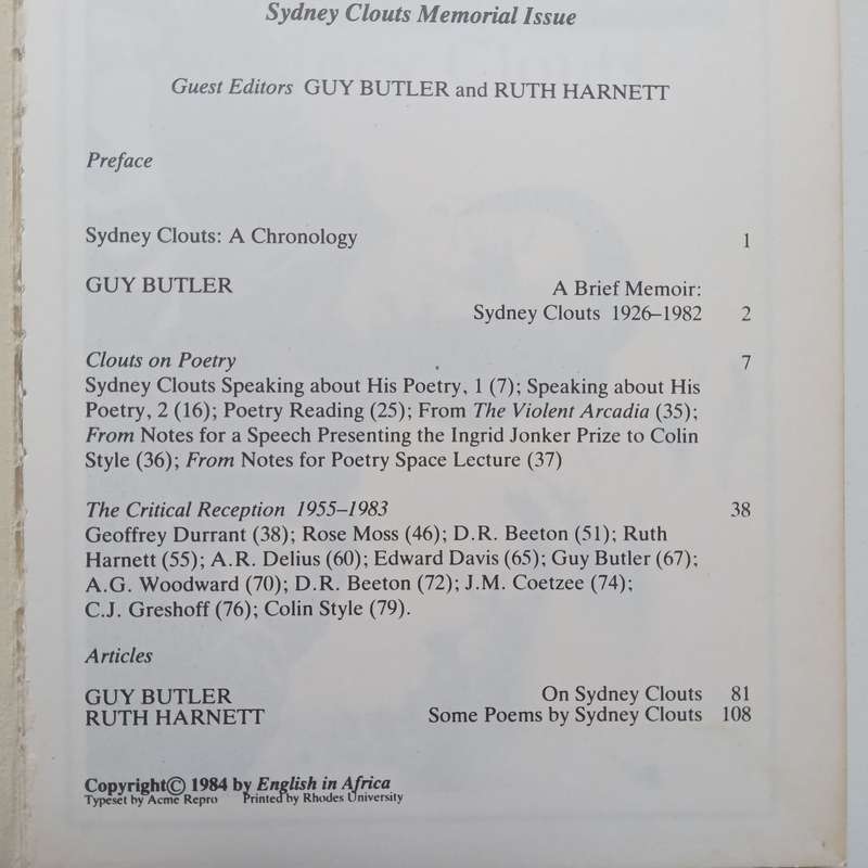 English in Africa Vol. 11, No. 2 (Sydney Clouts Memorial Issue)