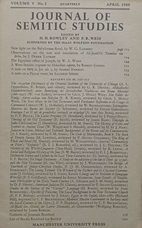Journal of Semitic Studies (Vol. 5, No. 2, April 1960)